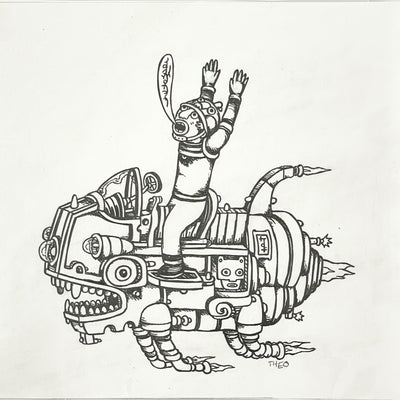 Ink drawing of a person riding a mechanical machine, with their arms excitedly raised in the air.