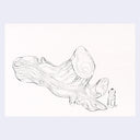 Pencil drawing on white paper of a large wooden stump and a small bottle of water.