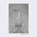Graphite sketch of a squid, with curled arms. A small seagull sits atop its head.