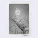 Softly rendered graphite sketch of a squid with curled arms, reaching up towards the moon.