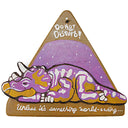 A triangular wooden wall sign featuring a painted purple and orange dinosaur skeleton resting in front of a purple starry sky. The sign has the words 'DO NOT Disturb!' at the top and 'unless it's something world ending..".