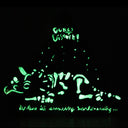 Green glow-in-the-dark lettering and graphic design on a black background.