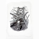  Ink drawing on deckled edge paper of a girl standing on the Williamsburg bridge.