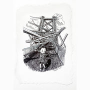  Ink drawing on deckled edge paper of a girl standing on the Williamsburg bridge.