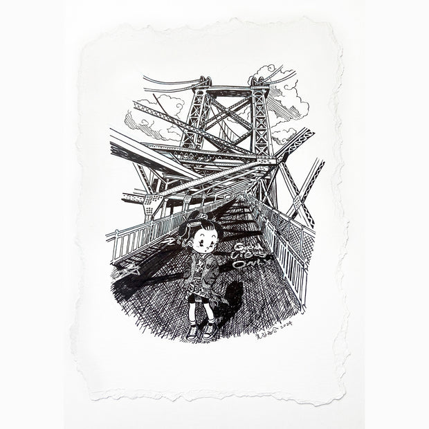  Ink drawing on deckled edge paper of a girl standing on the Williamsburg bridge.
