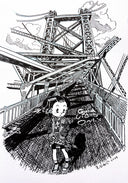 Ink drawing on deckled edge paper of a girl standing on the Williamsburg bridge.