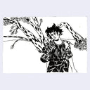 Black ink sketch of a girl standing in front of wind blown trees.