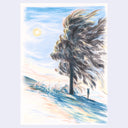 Colored pencil illustration of a large tree, being blown in the wind.