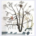 An abstract tree artwork with dark brown branches, tan and olive-green strokes, and a small rust-colored leaf detail on a white background.