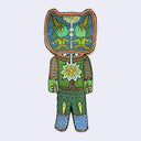 Illustration made with many lines, giving it the feel of a folk art woodcut on a die cut wood panel of a character with knit sweater and pants. Its head is shaped like a frog and instead of a face, a scene is displayed of 2 witch characters holding hands and kissing.