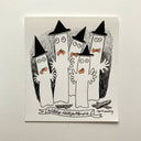 Ink illustration of 5 tall ghost creatures, each wearing a black witch's hat.