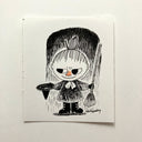 Illustration of Little My from Moomin, standing in boots with an upturned witch's hat in one hand and a broom in the other.