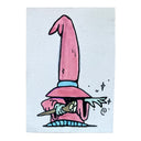 A hand-drawn cartoon illustration of a pink wizard character wearing a tall pointed hat and holding a wand, shown on a white rectangular card against a white background.