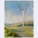 An impressionistic landscape painting of rolling green hills with wind turbines under a pale blue sky, with a winding road in the foreground.