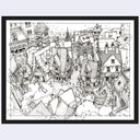 A framed black and white line art illustration depicting a detailed medieval village scene with houses, rooftops, and street details, shown against a light gray background.
