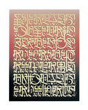 Screenprint on ombre paper, dusty rose to black. Gold colored abstract lettering covers nearly the entire paper. The lettering is very artistic, looking like old english but without specifically comprehensive letters or words.