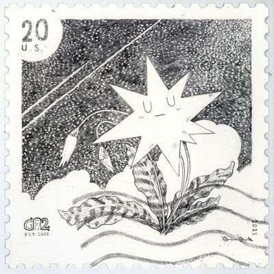 Graphite drawing on paper, shaped like a stamp. A dandelion with a spark shaped blossom sits in front of a cloud with a star filled sky behind it. The blossom is a closed eye neutral face. Stamp says "20 U.S" in upper left corner and "GR2 EST. 2003" in the bottom right.