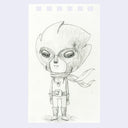 Pencil sketch of a character in a helmet with bug-like eyes and uniform on a white background