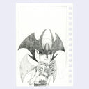 Black and white illustration of Devilman, a character with bat-like features holding an issue of Giant Robot Magazine on a light purple background.