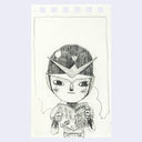 Graphite illustration of Eightman, a well-known Japanese manga hero with a sleek helmet and matching super suit. He reads an issue of Giant Robot magazine.