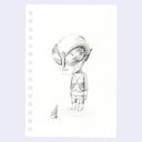 Graphite illustration of a superhero with a bug-like mask looking sadly down at an ice cream cone upside down on the ground.