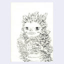 Black and white illustration of a creature holding a magazine on a light purple background