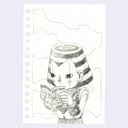 Graphite illustration of a robot with a striped headpiece, standing and reading an issue of Giant Robot.
