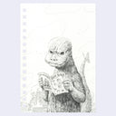 Illustration of a kaiju reading a book titled 'Giant Robot' on a light purple background