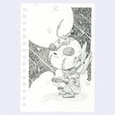 Graphite illustration of a Japanese superhero, with a bug-like mask squatting down and looking up at the moon, with flower petals falling down from the sky.