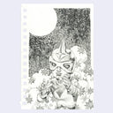 Black and white illustration of a masked character with stars and moon in the background