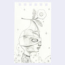 Black and white illustration of a person wearing a helmet with a flower on top, set against a light purple background.