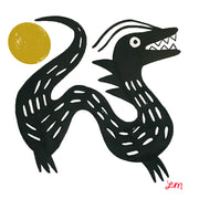Black ink simple illustration of a dragon with lines criss crossed on its body and a sharp tooth smile. A golden moon hangs behind it.