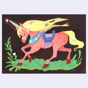 Colorful illustration of a unicorn with a saddle on a dark background
