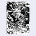 Ink sketch of a dragon with an eyeball shooting out its mouth. Fish fly by.