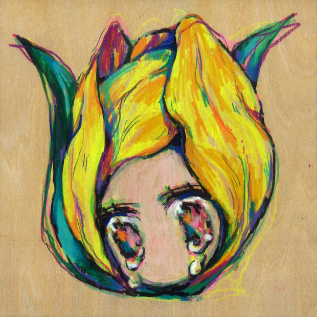 Mixed media drawing on exposed wooden panel of a girl with very large crying anime style eyes. Her head is encased in the bulb of a yellow tulip.