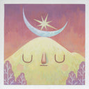 Cartoon-like mountain with facial features and celestial bodies on a colorful background