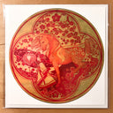 Illustation on a circular backing of a red horse, being led by a small girl holding a flower lantern in front of herself. Background is a circular geometric shape in red and gold.