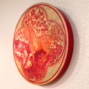 Painting on a circular wooden panel of a red horse, being led by a small girl holding a flower lantern in front of herself. Background is a circular geometric shape in red and gold. Seen from the side.