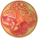 Painting on a circular wooden panel of a red horse, being led by a small girl holding a flower lantern in front of herself. Background is a circular geometric shape in red and gold.