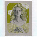 Illustration in graphite, green and white of a woman with flowy patterned hair and a fishscale pattern dress.