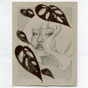 Graphite illustration of a woman's face, with flowy white hair and with monstera leaves superimposed on top.