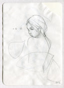 Graphite illustration of a girl, looking over her shoulder.