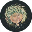 Circular painting of a tiger sleeping under a large leaf.