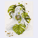 Softly rendered graphite illustration of a woman with very long hair, sitting on the ground in the nude with her eyes closed. Around her are monstera leaves, in the place of her heart and around her lower body. Butterflies fly off the scene.