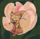Painting of a brown wolf like dog with a wide snout, curled into a pink flower with semi transparent petals. Background is dark green leaves.