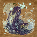 Illustration of a dark purple fish, splashing bubbles around itself with floral elements on a wooden background