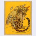 Mostly yellow illustration of a girl who is half cheetah on her lower half, sitting on the ground. She looks over her shoulder and has one hand raised, guiding sparkles out of her eyes. She has a large set of feathery wings.