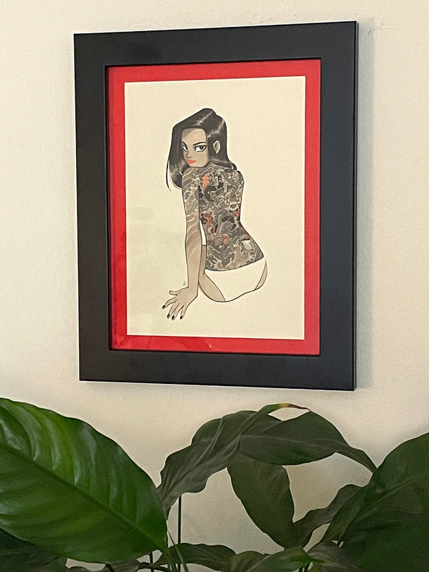 "Yokai Tattoo" in a solid black frame with a red framing mat.