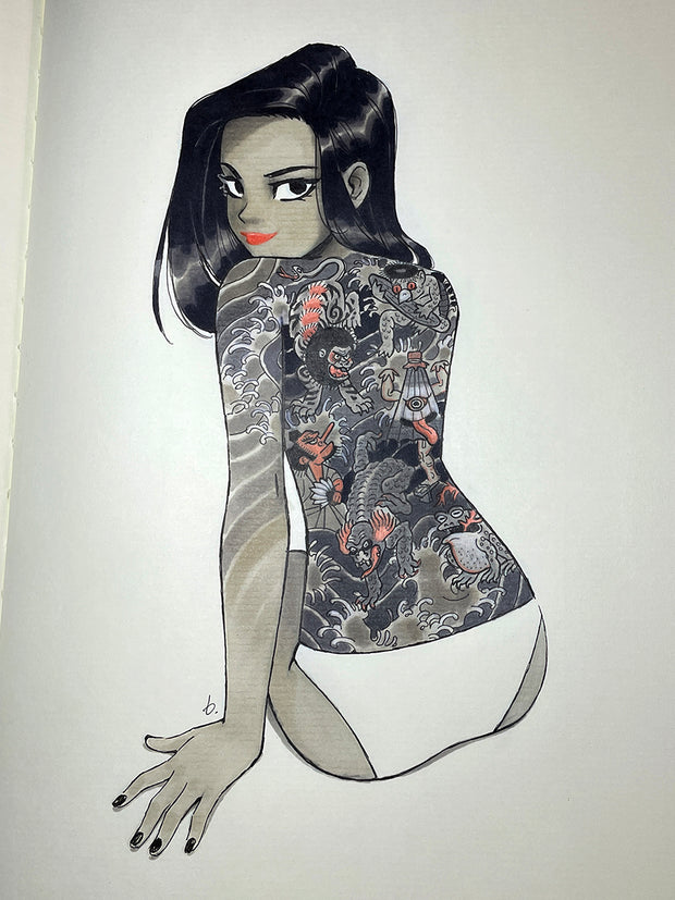 Illustration on solid white background of a woman, sitting on the ground in only white underwear, looking back at the viewer. Her back is covered entirely with traditional Japanese art style tattoos.