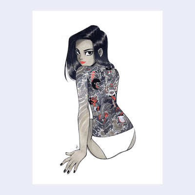 Illustration on solid white background of a woman, sitting on the ground in only white underwear, looking back at the viewer. Her back is covered entirely with traditional Japanese art style tattoos.